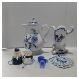 Blue and white teapot, vase, Dutch and boy bell,