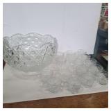 Clear glass punch bowl and cups 3 different