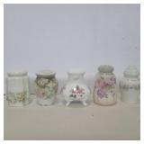 5 porcelain floral sugar shakers 4in and 5in