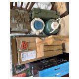 HP printer, vintage Coleman and Aladdin coolers,