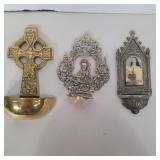 1 brass and 2 metal holy water fonts 4.5in, 5in,