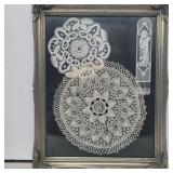 Framed lace/and crocheted dollies and work
