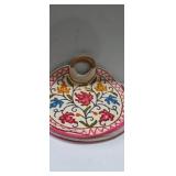 Round cross stitched floral pattern tote bag 16in