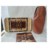 Wooden mosaic tray , hot plate, leather bag