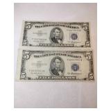 2 1953  blue seal silver certificate off center