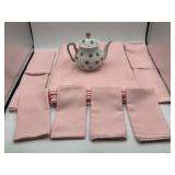 Porcelain teapot & set of 8 pink checkered cloth