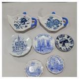 7 small blue and white plates, tea bag plates