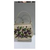Floral design needle point hand bag with leather