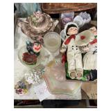 Art glass, pair of dolls, fabrics, floral art and