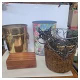 3 small waste baskets and small cedar box brass,