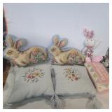 Needlepoint small pillows and stuffed bunny, 2