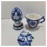 Hand painted gzhel Russian egg 5.5in, cup 3in,
