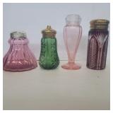 5 glass sugar shakers 1 ruby cut glass, pink