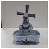 Blue and white windmill planter unmarked 7in