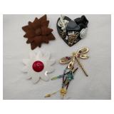 Flowers, heart, dragonfly brooches