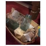 Milk glass dish ware and two aqua bowl, mason