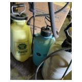 Three plastic hand pump farm and garden sprayers