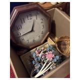 Wall clock, baskets, and other home decor