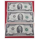 1995,2003 and 2013 2 Dollar Bills