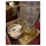 Hurricane oil lamp, Purdue rocks, glass, and