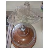 Cheese platter , divided glass dish glass ladle