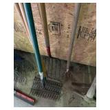 4 Garden rakes and 1 hay rake