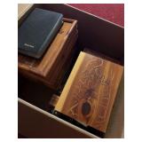 Collection of holy Bibles and wooden Bible cases