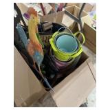 Lots of metal decor, including buckets, wall