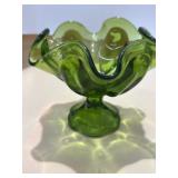 LE Smith Glass Bright Green Ruffled Compote