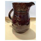 Pottery Pitcher with Brown Glaze Cherry Design