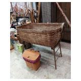 Woven Basket with handles on wood pedestal