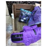 17'x14' wood crate with 3 small purple dog coats