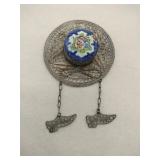 Silver Filigree Sun had enamel flower brooch