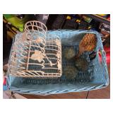 Decorative blue basket, balls, bird cages and