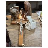 18' crucifix, Jesus & other carved wood & ceramic