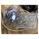 Brass pedestal stand, gazing ball ornament, and