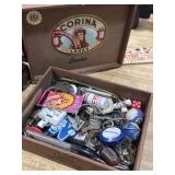 Wooden cigar box with contents: old keys,
