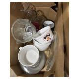 Oatmeal bowls, vases, glass pitcher, platters,