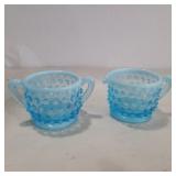2 Fenton blue hobnail small cream and sugar 2in