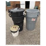4 trash cans, 32 gallons one with lid and small