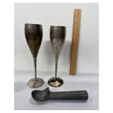 2 silver plated long stem goblets & metal ice