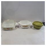 2 Corning ware dishes and green small Tupperware