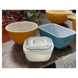 Vintage Pyrex bowl, fridgie, and fire king milk