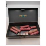 Metal box with rolled wheat pennies
