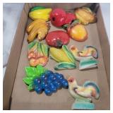 Chalkware fruit and roosters