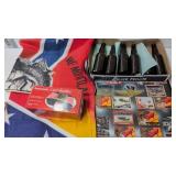 Vintage #13 bottles, flags, card shuffler,