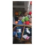 Small basket of new yarn and tote of yarn balls