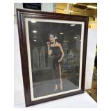 framed artwork with girl in black dress 21x27