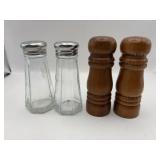 5 inch tall, wooden and clear glass salt, and