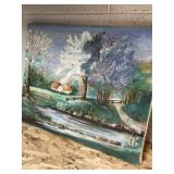 Original canvas, painting of countryside and home